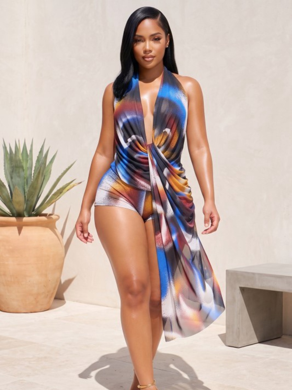 Multicolor Draped Halter Romper